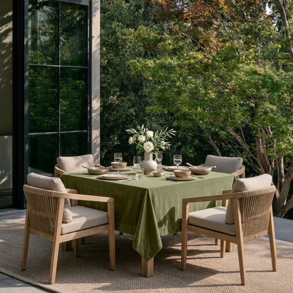 Olive Green Square Velvet Tablecloth in a Contemporary Outdoor Dining Area with Wooden Armchairs
