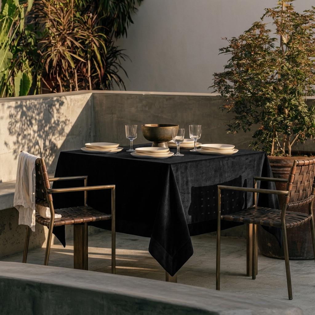 Black Square Velvet Tablecloth in an Outdoor Dining Area with Woven Chairs