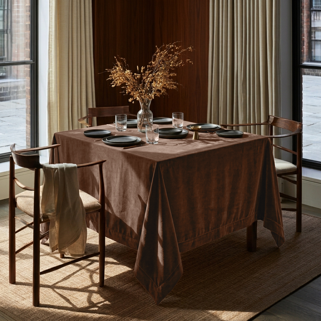 Chocolate Brown Square Velvet Tablecloth in a Modern Dining Room with Floor-to-Ceiling Windows and Wooden Chairs