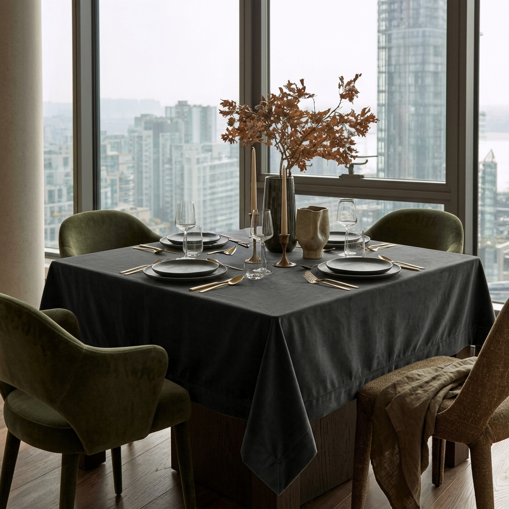 Dark Grey Square Velvet Tablecloth in a Modern Dining Room with City Views and Olive Green Chairs