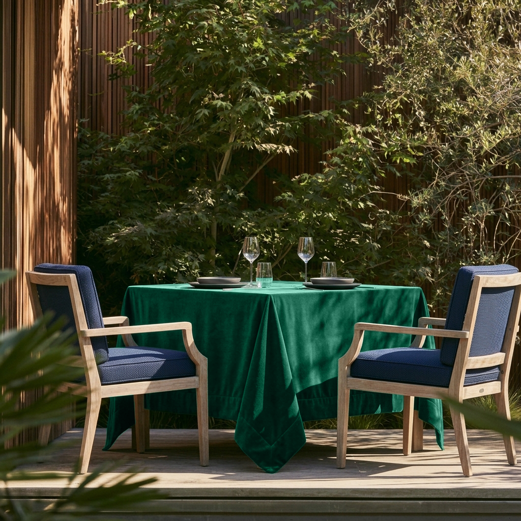 Emerald Green Square Velvet Tablecloth in a Modern Outdoor Dining Area with Blue Armchairs