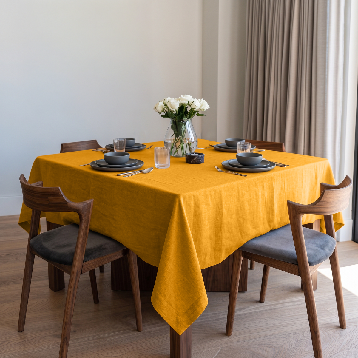 Mustard Yellow Square Linen Tablecloth in a Modern Dining Room with Walnut Chairs and Neutral Curtains