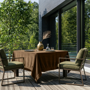 Olive Brown Square Velvet Tablecloth in an Outdoor Dining Area with Modern Armchairs