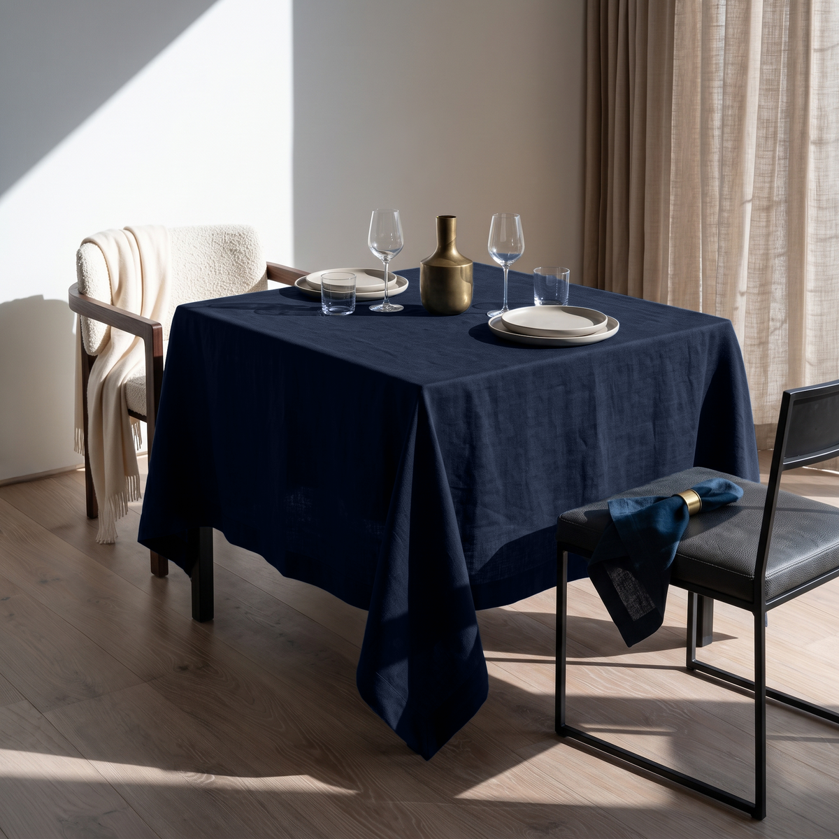 Royal Blue Square Linen Tablecloth in a Minimal Dining Room with Beige Curtains and Warm Natural Light