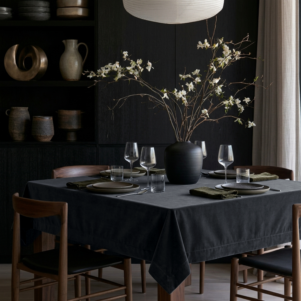 Steel Black Square Velvet Tablecloth in a Contemporary Dining Room with Black Cabinetry