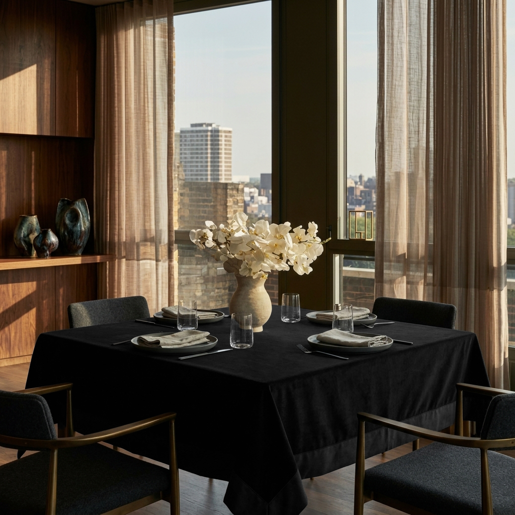 Black Square Velvet Tablecloth in a Modern Dining Room with City Views and Sheer Curtains