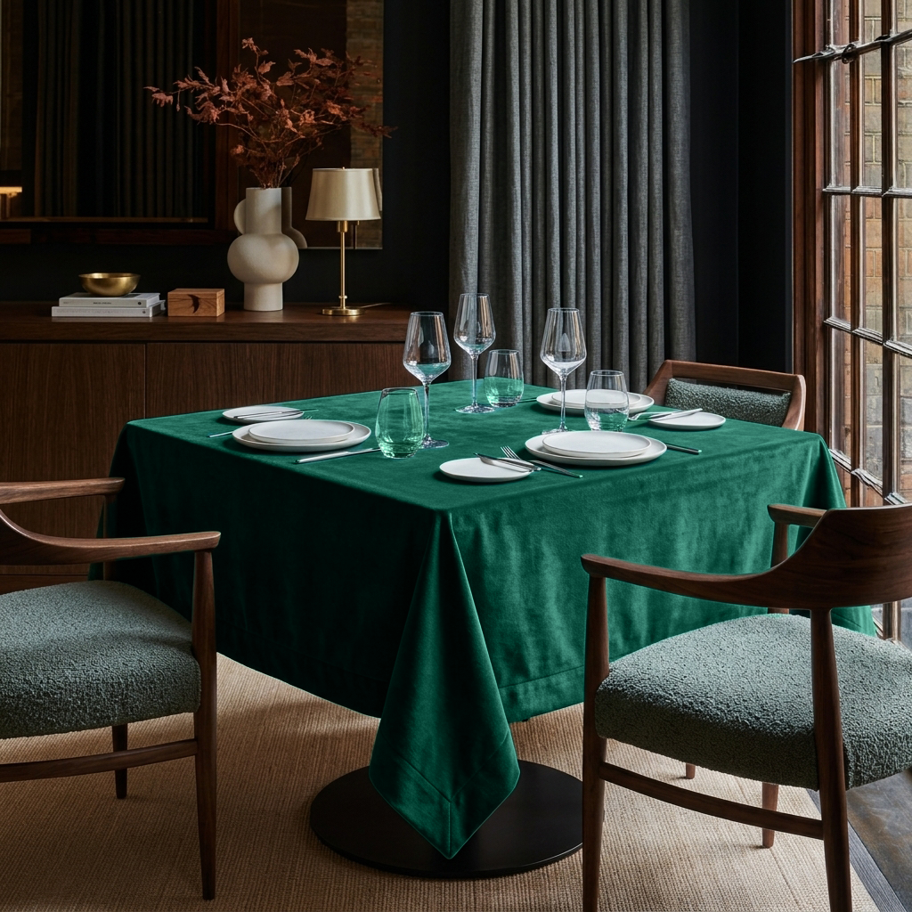 Emerald Green Square Velvet Tablecloth in a Moody Contemporary Dining Room with Dark Wood Furniture