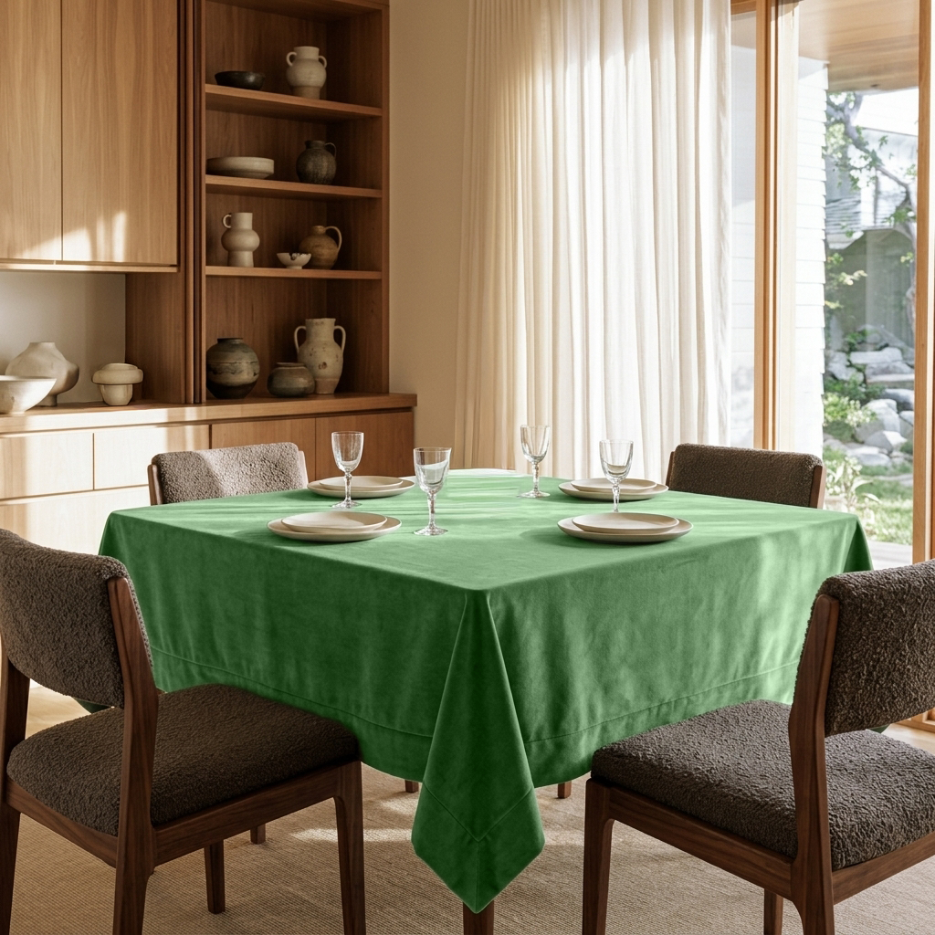 Fern Green Square Velvet Tablecloth in a Mid-Century Modern Dining Room with Wooden Shelving and Sheer Curtains