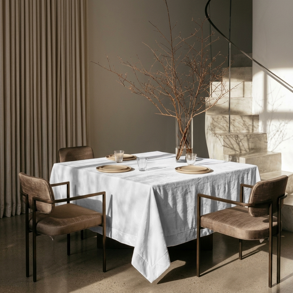 Off-White Square Velvet Tablecloth in a Minimalist Dining Room with Marble Staircase and Floor-to-Ceiling Curtains