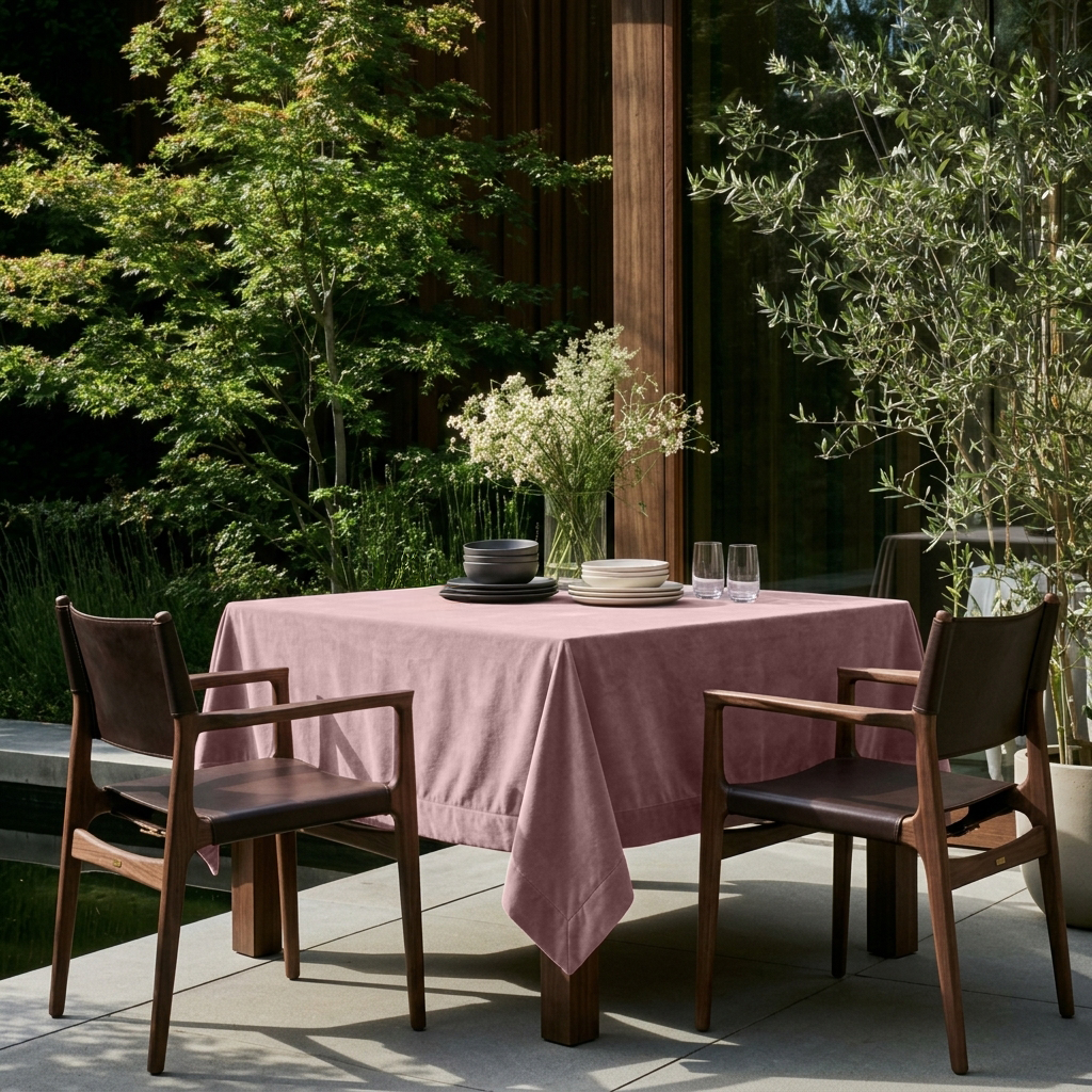 Pink Square Velvet Tablecloth in a Modern Outdoor Dining Area with Leather Armchairs
