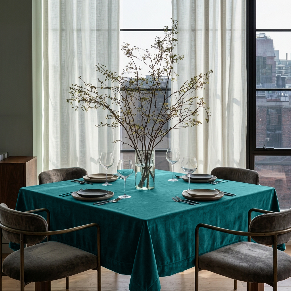 Teal Square Velvet Tablecloth in a Modern Dining Room with Sheer Curtains