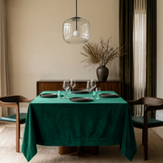 Emerald Green Square Velvet Tablecloth in a Modern Dining Room with a Walnut Sideboard