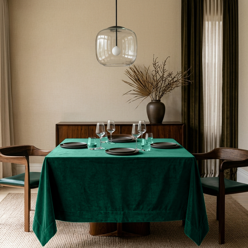 Emerald Green Square Velvet Tablecloth in a Modern Dining Room with a Walnut Sideboard
