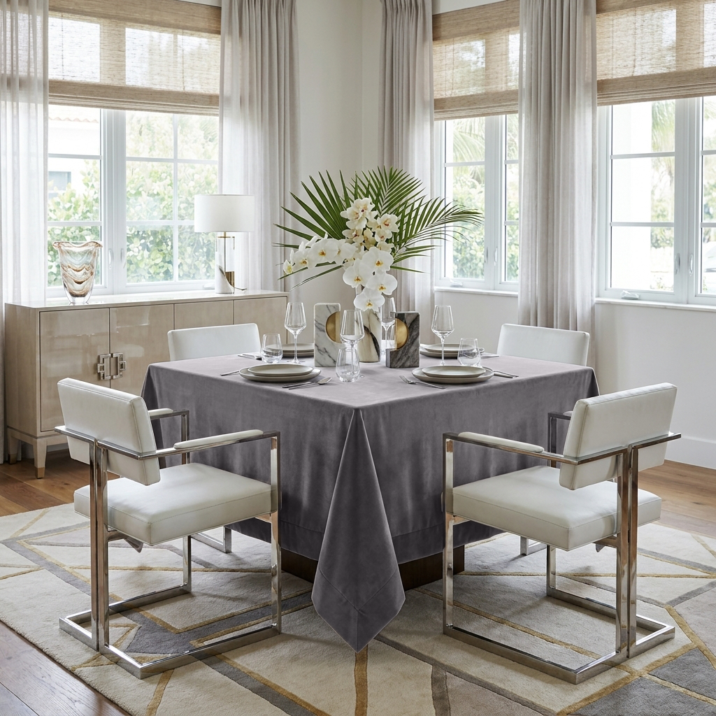 Grey Square Velvet Tablecloth in a Contemporary Dining Room with White Chairs