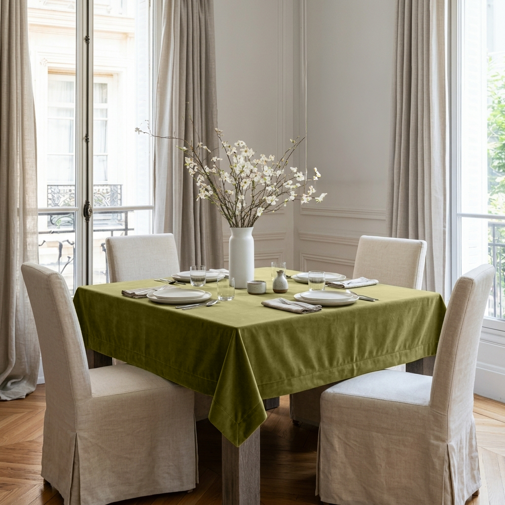 Moss Green Square Velvet Tablecloth in a Classic Dining Room with Tall Windows and Neutral Upholstered Chairs