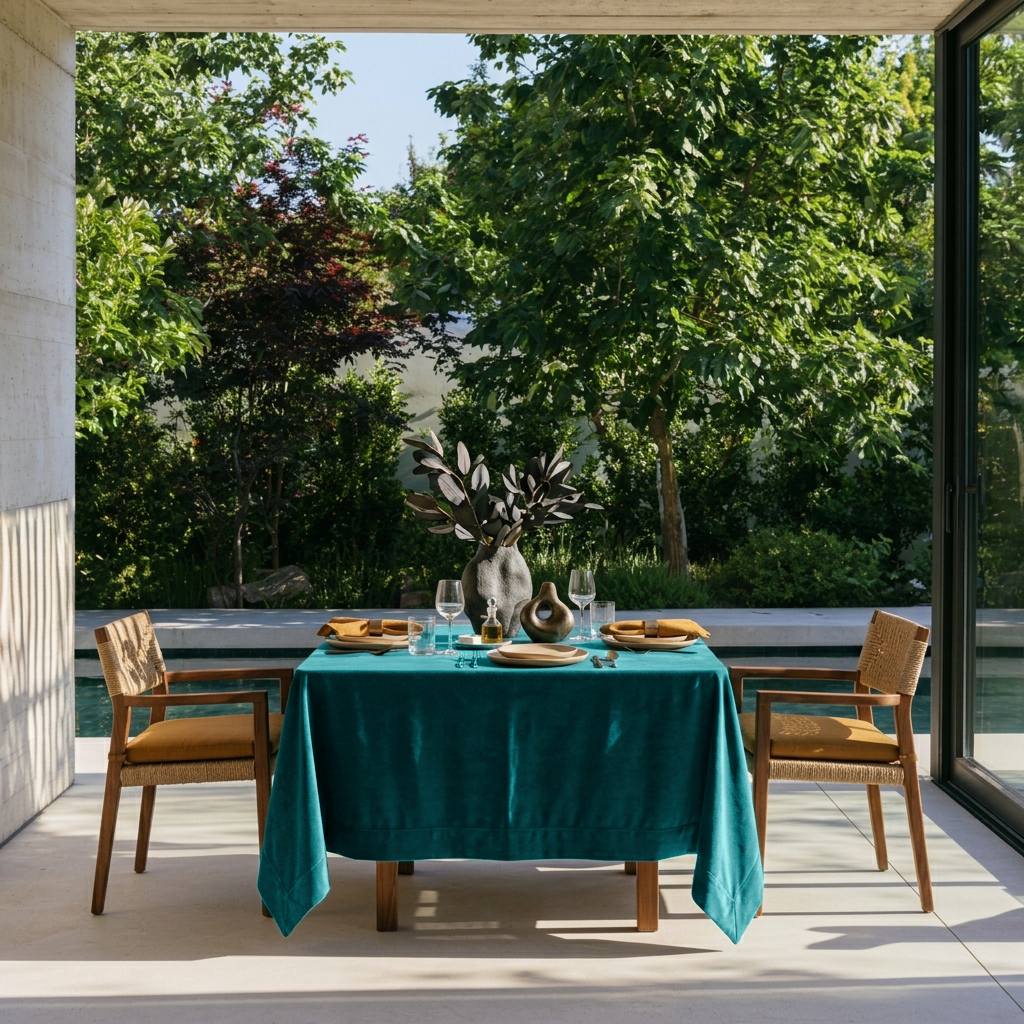 Teal Square Velvet Tablecloth in a Modern Outdoor Dining Area