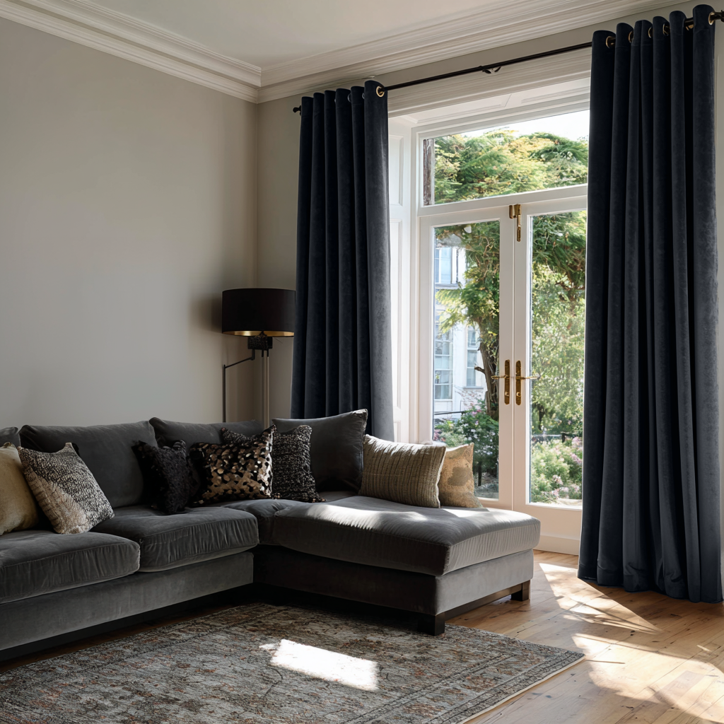 Steel Black Velvet Eyelet Curtains in a Transitional Living Room with a Grey Sectional Sofa