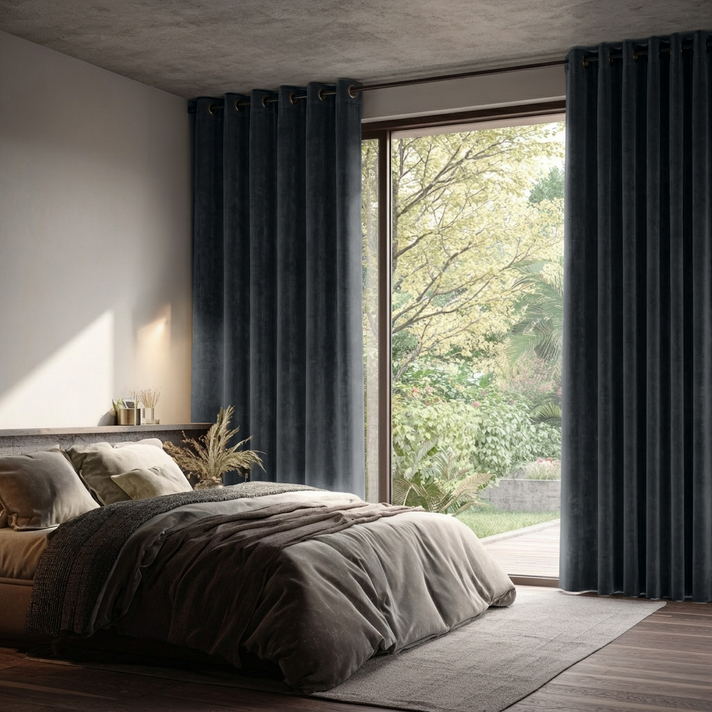 Steel Black Velvet Eyelet Sliding Patio Door Curtains in a Modern Bedroom with Layered Dark Bedding