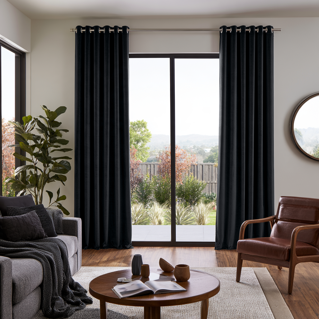 Steel Black Velvet Eyelets Extra Long Curtains in a Modern Living Room with Leather Armchair and Garden View