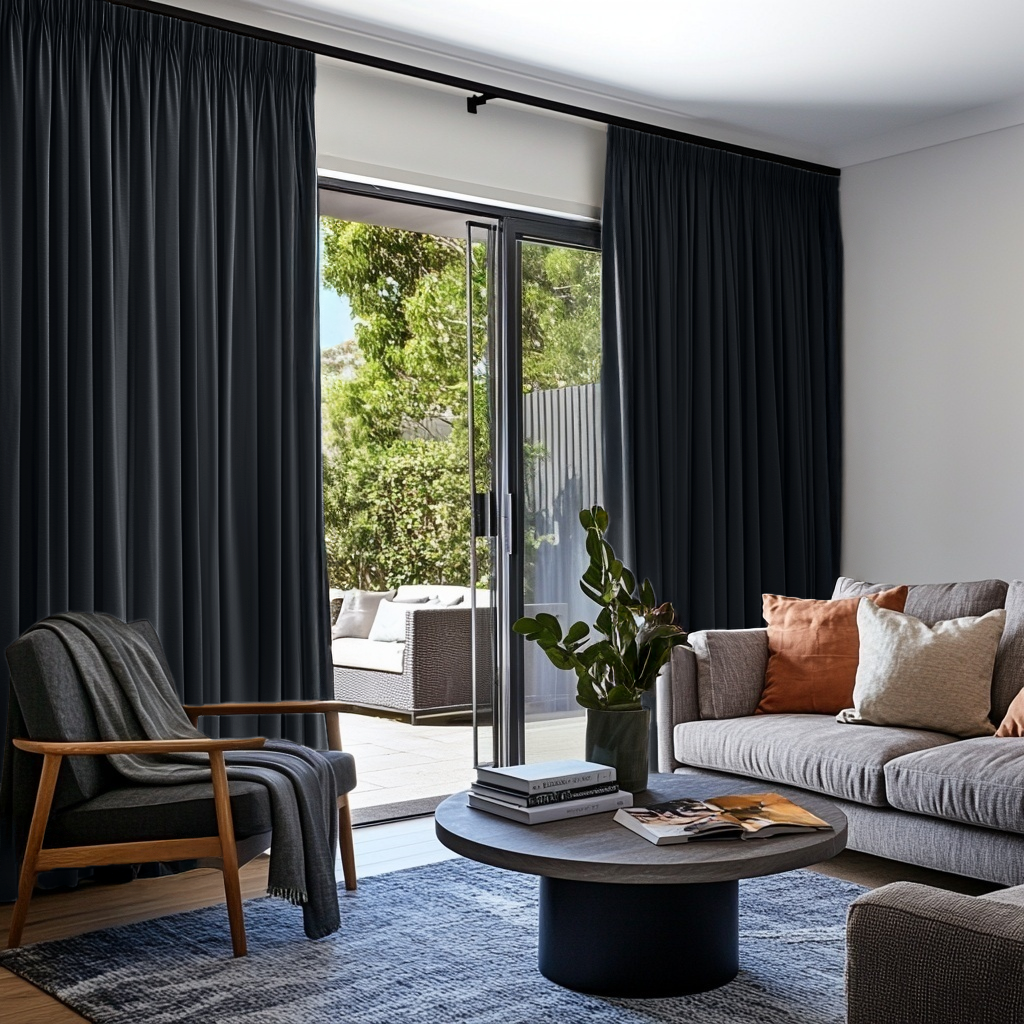Steel Black Velvet Pencil Pleat Sliding Patio Door Curtains in a Contemporary Living Room with a Grey Sofa