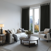 Steel Black Velvet Tab Top Blackout Curtains in a Living Room with Light Grey Walls