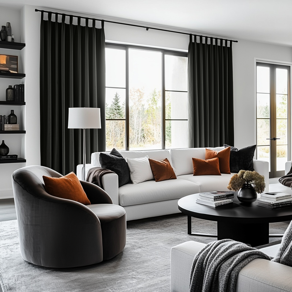 Steel Black Velvet Tab Top Blackout Curtains in a Living Room with Warm White Walls