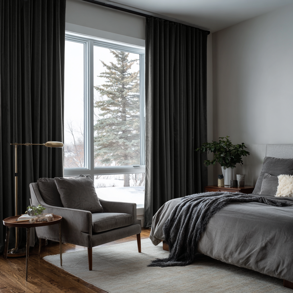 Steel Black Velvet Thermal Curtains with Multitape