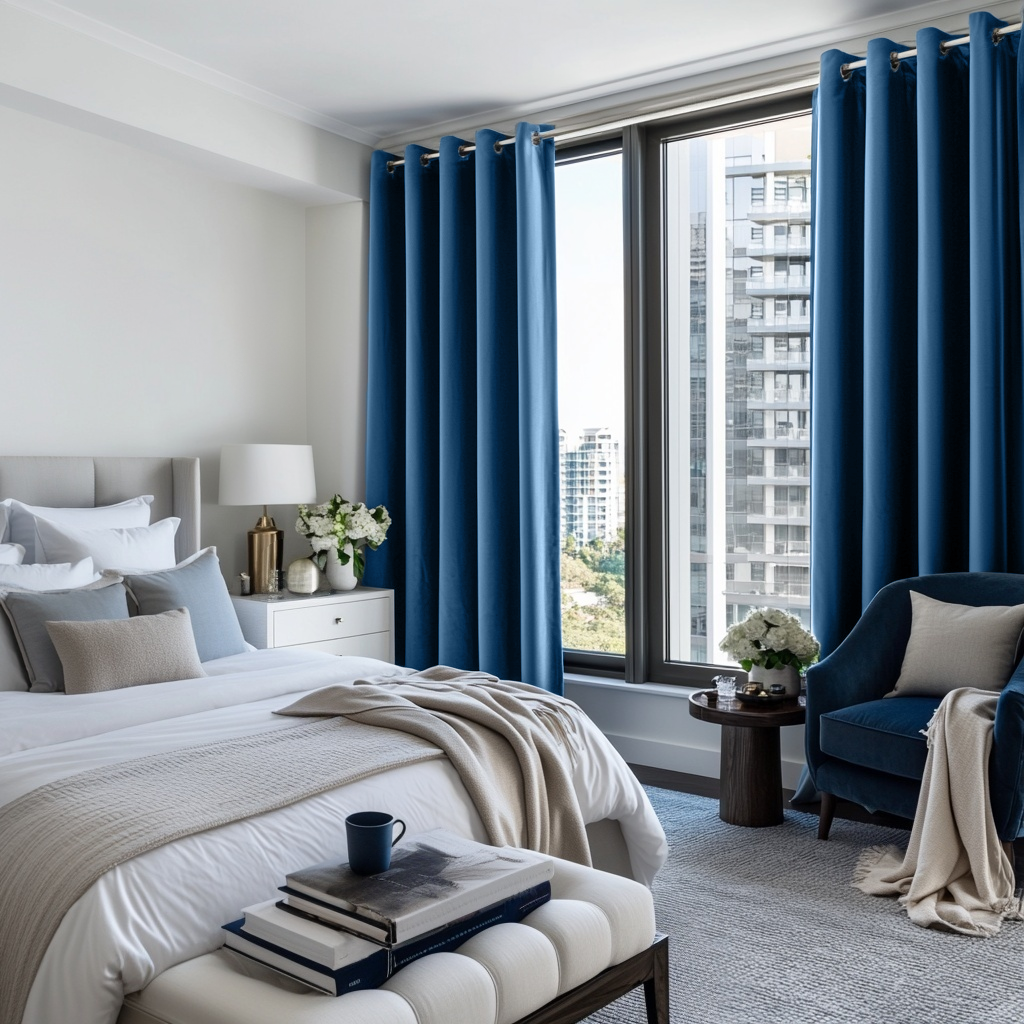 Steel Blue Velvet Eyelet Blackout Curtains in a Bedroom with Crisp White Walls