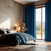 Steel Blue Velvet Eyelet Curtains for Sliding Door in a Moody Bedroom with Textured Taupe Walls, Wood-Framed Glass Doors, and Warm Bedside Lighting
@Heading: Eyelets
