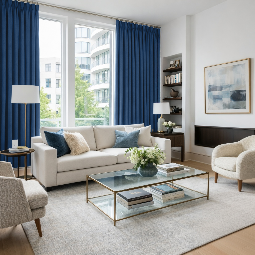 Steel Blue Velvet Pinch Pleat Blackout Curtains in a Living Room with Crisp White Walls