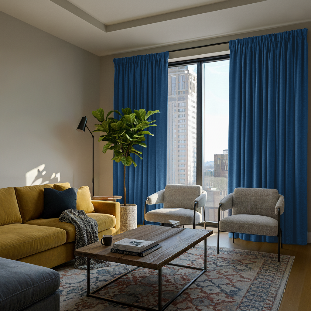 Steel Blue Velvet Rod Pocket Blackout Curtains in a Living Room with Grey Walls