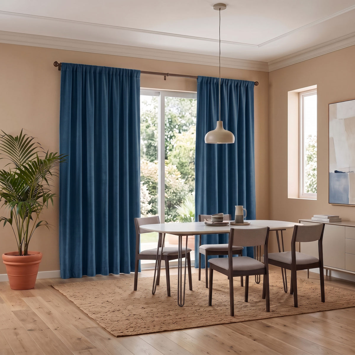 A bright modern dining room with deep blue curtains, warm beige walls, a minimalist table and chairs, a simple pendant light, a natural woven rug, and a large potted palm