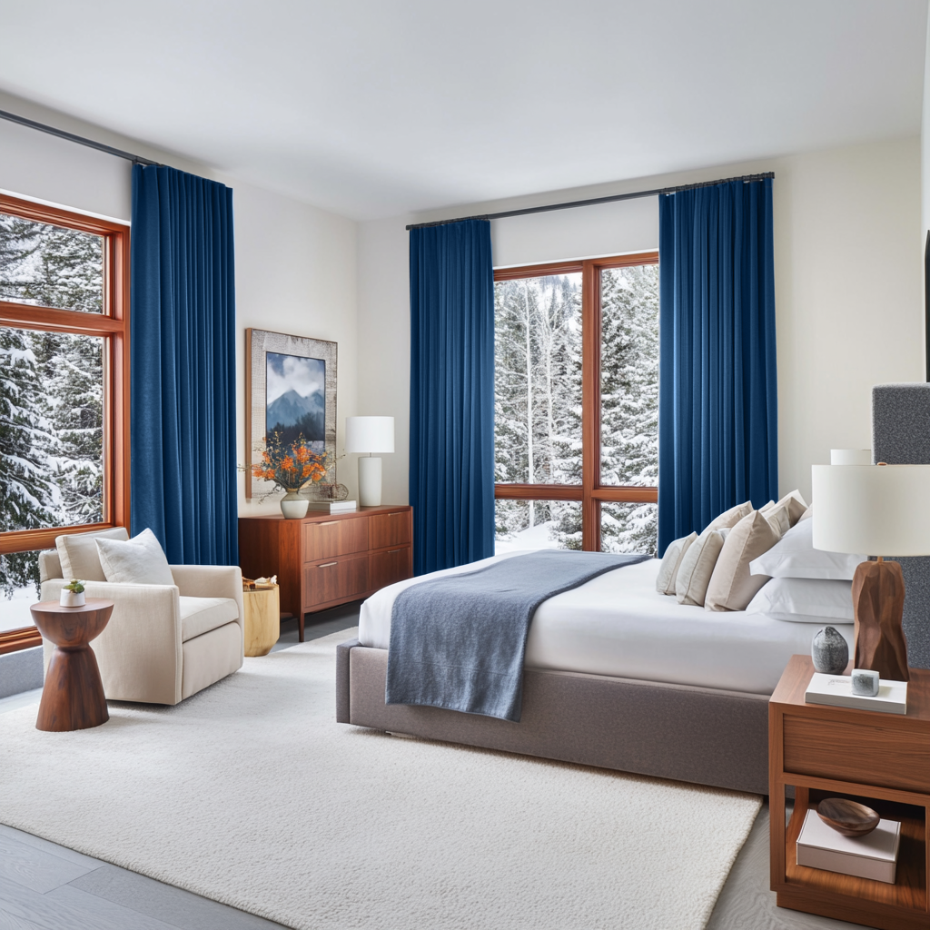 Steel Blue Velvet S-Fold Blackout Curtains in a Bedroom with Crisp White Walls