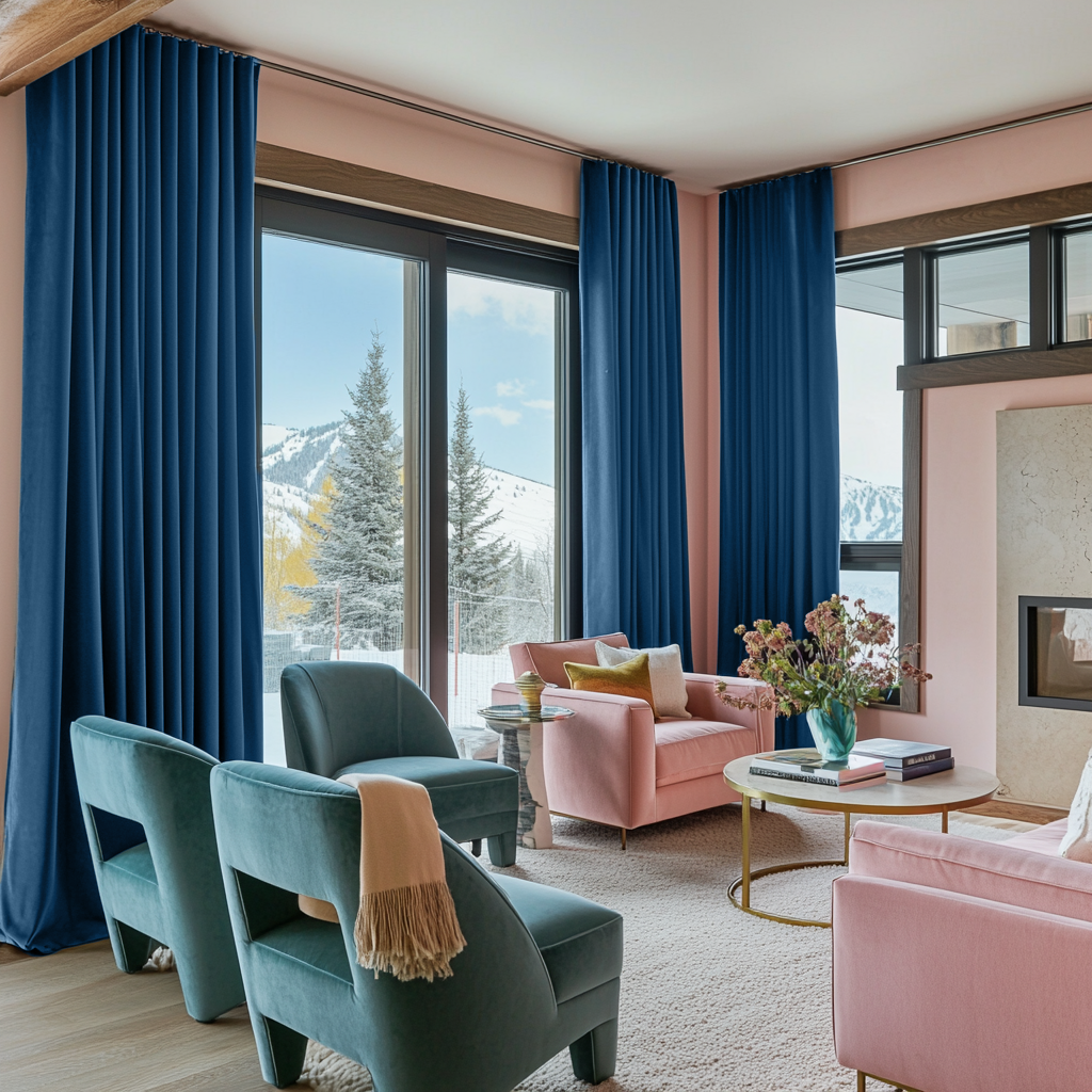 Steel Blue Velvet S-Fold Blackout Curtains in a Living Room with Blush Pink Walls