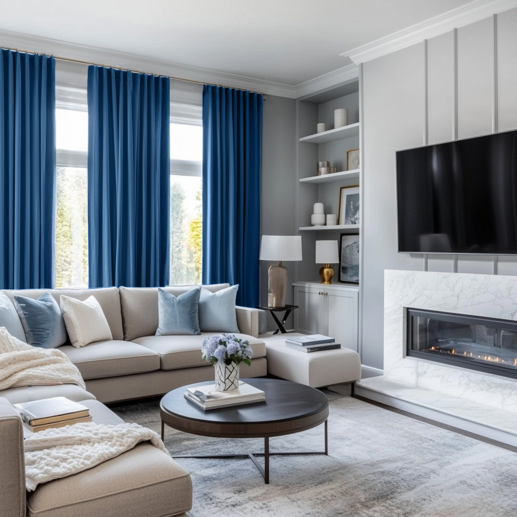 Steel Blue Velvet S-Fold Blackout Curtains in a Living Room with Soft Grey Walls