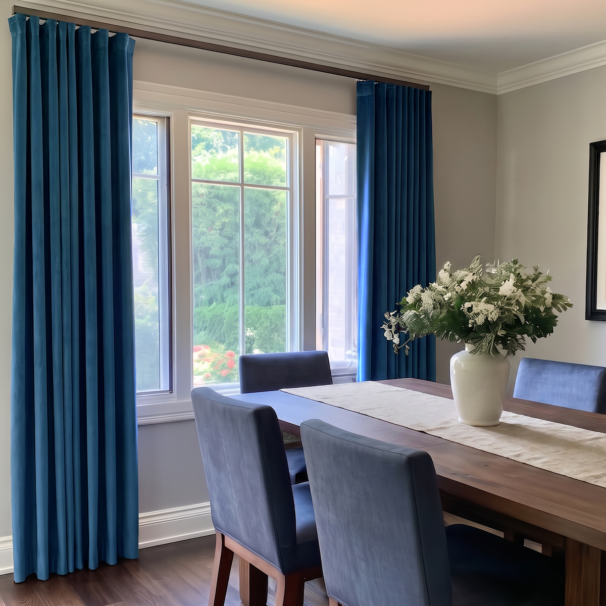 A bright contemporary dining room with deep blue curtains, a wooden table, navy upholstered chairs, a neutral runner, and a large white vase filled with fresh flowers