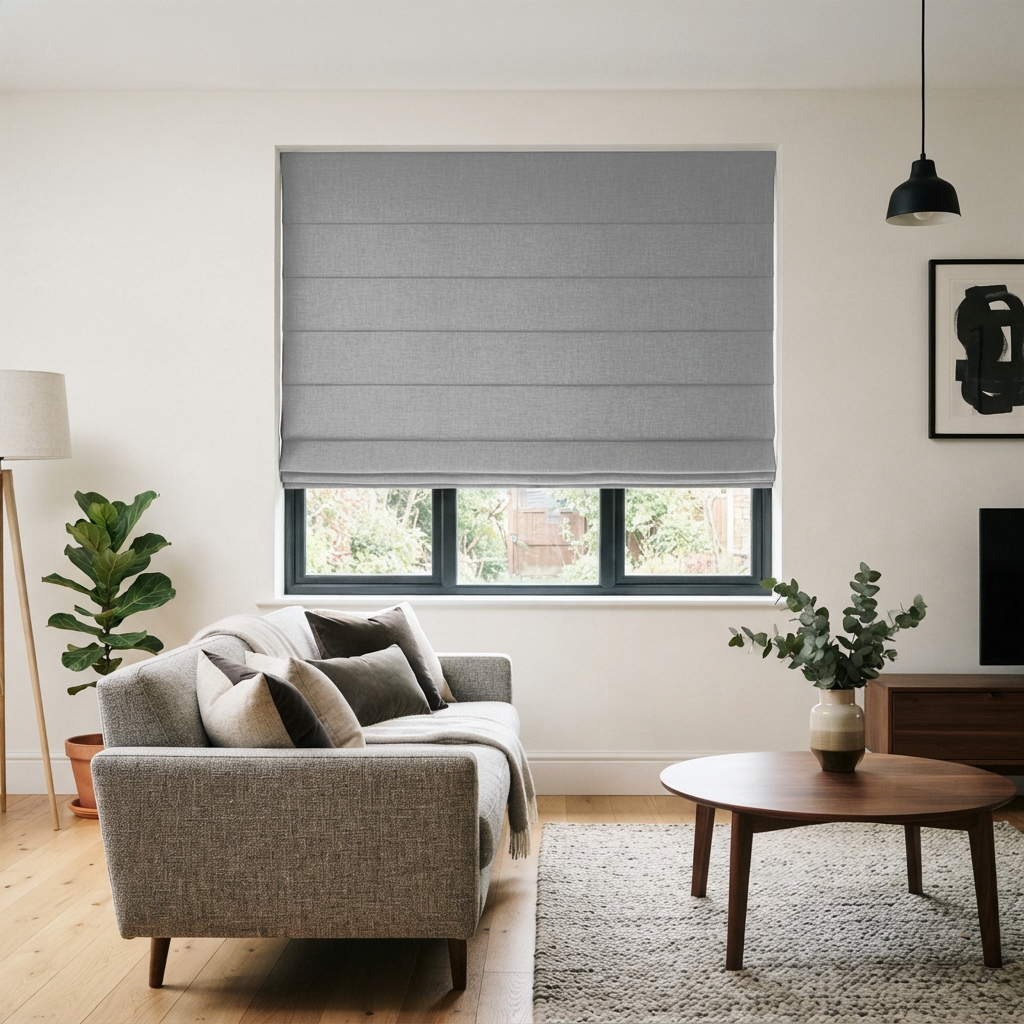 Stone Gray Linen Cordless Roman Blinds in a Contemporary Living Room with White Walls and a Gray Sofa