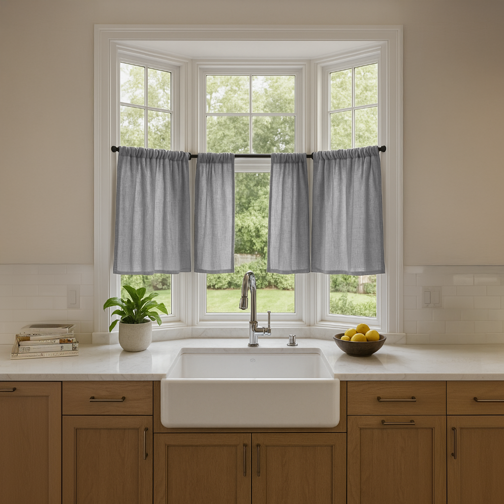 Stone Grey Bay Window Linen Kitchen Curtains