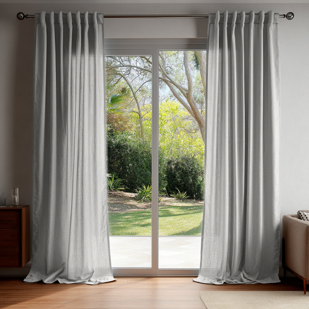 Stone Grey Linen Back Tab Curtains for Sliding Doors in a Living Room with White Walls