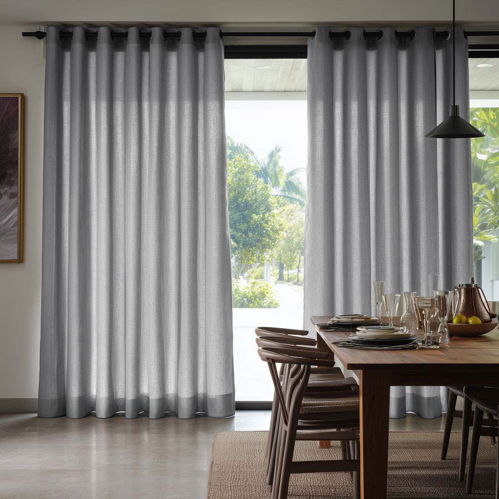 Floor-length gray eyelet curtains frame a large window beside a wooden dining table set with plates and glassware, with woven-seat chairs and a black pendant light