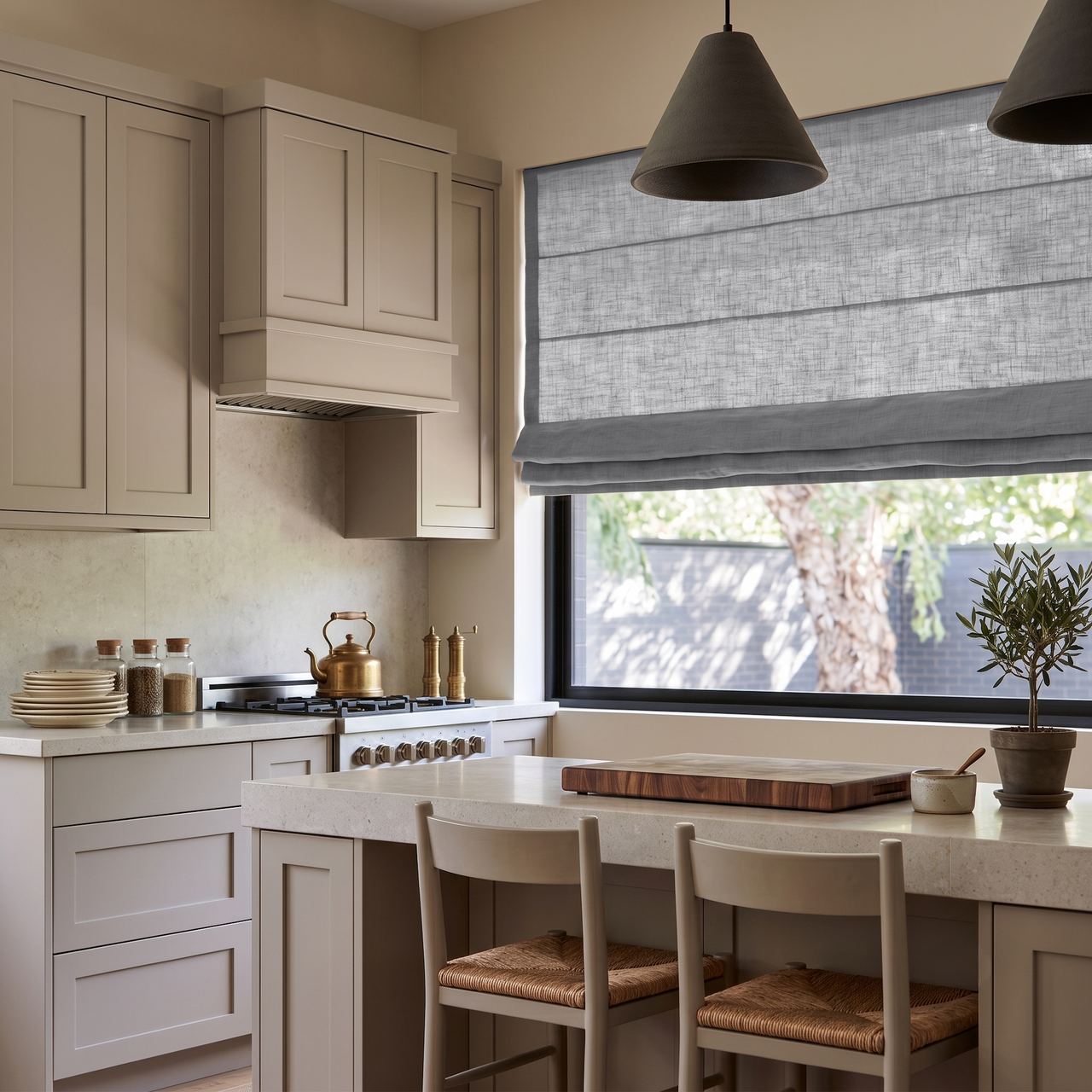 Stone Grey Linen Roman Blinds in a Classic Kitchen with Beige Cabinetry - Cotton Lining