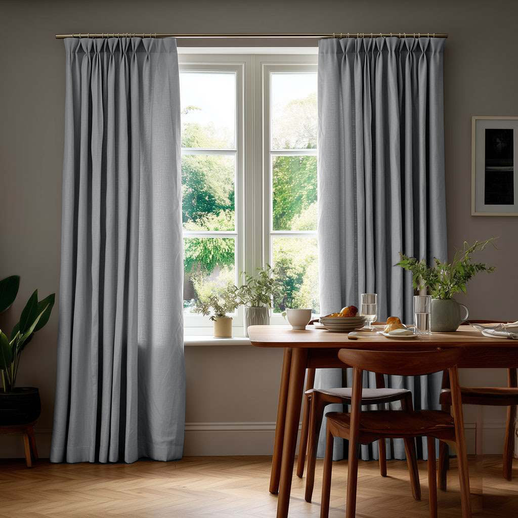 Floor-length gray pinch-pleat curtains hang from a brass rod around a dining room window beside a wooden table set with dishes, glasses, and leafy plants