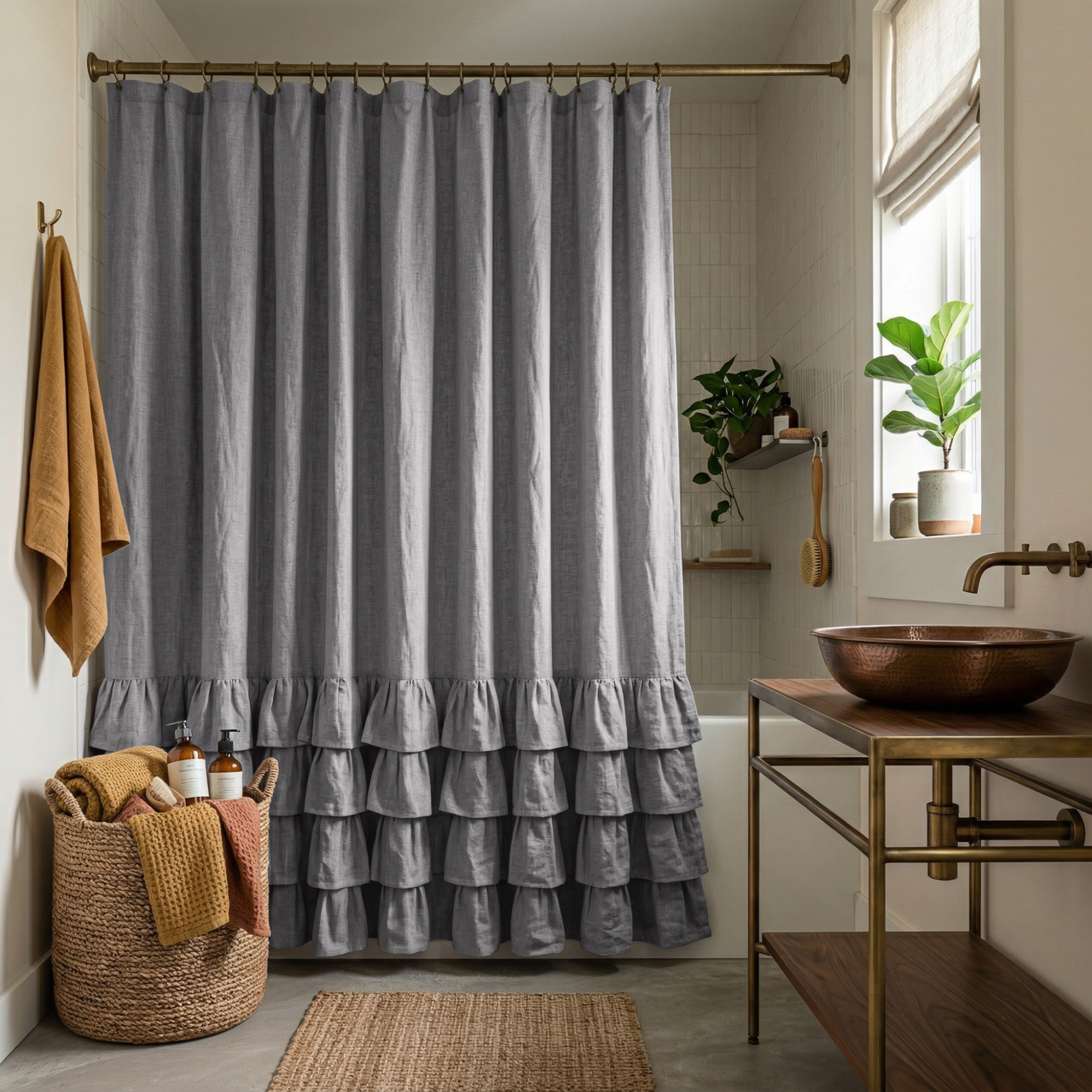 Stone Grey Linen Ruffle Shower Curtain in a Cozy Bathroom with Brass and Honey Wood Accents