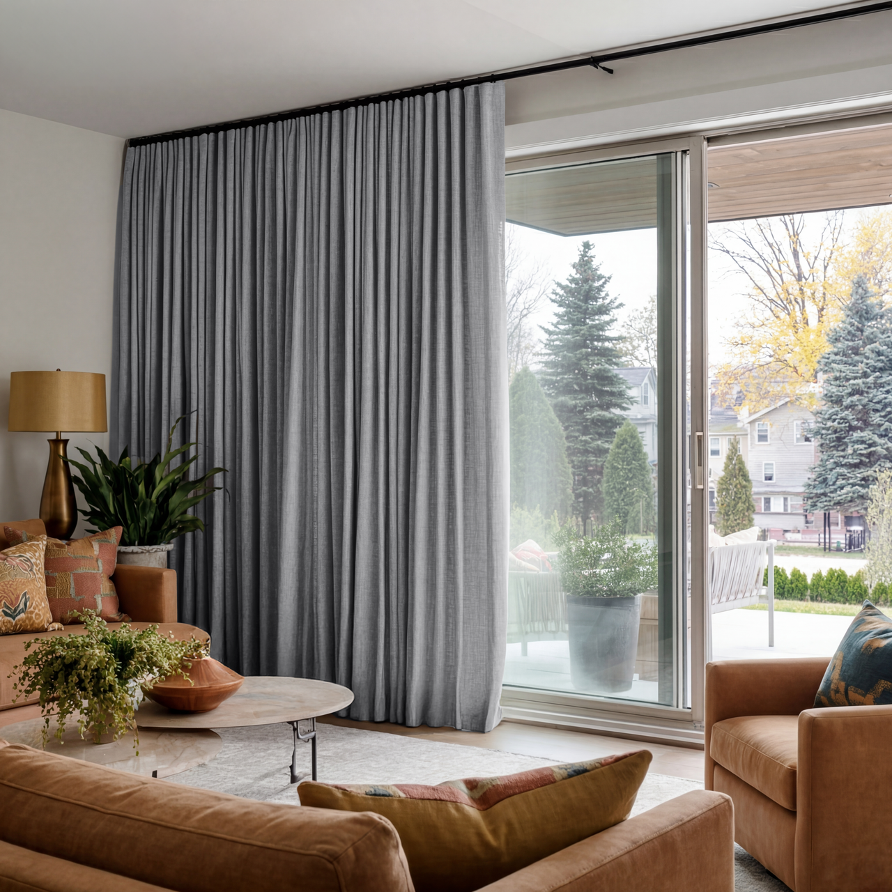 Stone Grey Linen S-Fold Curtains for Sliding Doors in a Living Room with Off-White Walls - Cotton Lining