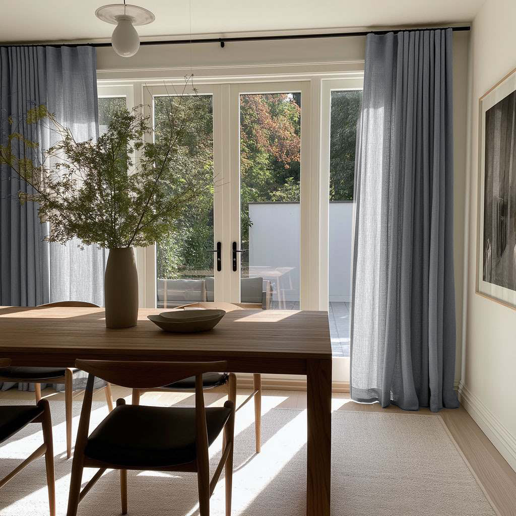 Floor-length gray curtains frame glass patio doors in a sunlit dining room with a wooden table, wooden chairs, and a tall vase of leafy branches
