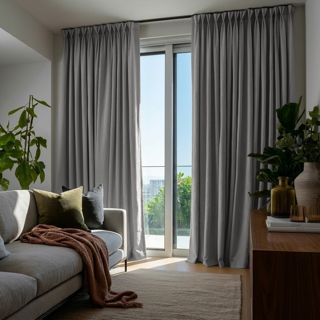 Stone Grey Linen Thermal Pinch Pleat Curtains