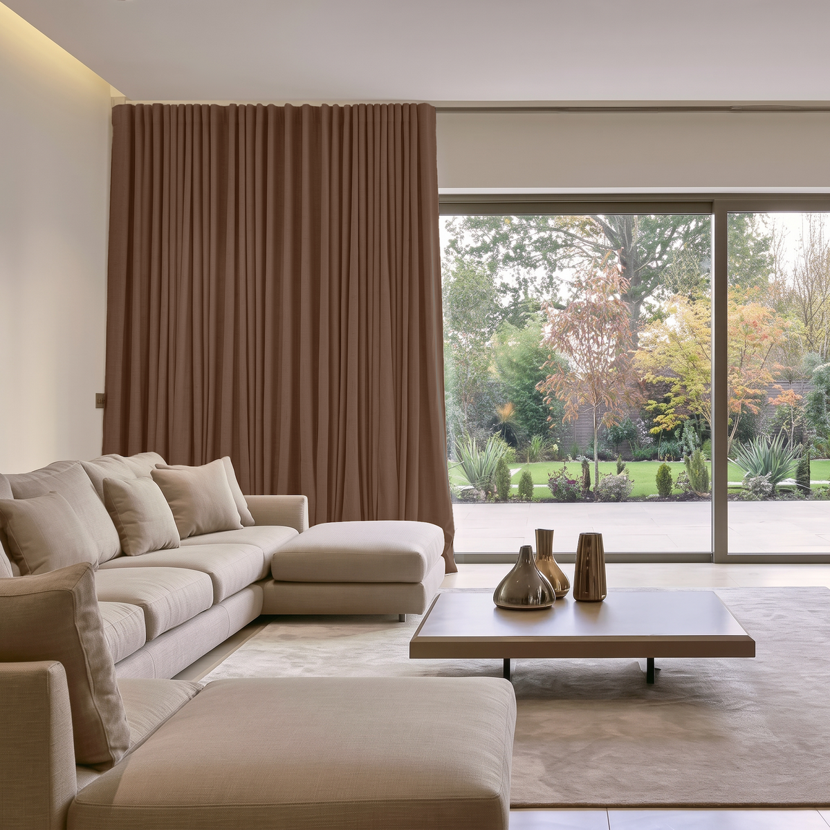 Tawny Brown Linen Back Tab Extra Long Curtains in a Modern Living Room with Cream Sectional Sofa, a Low Wooden Coffee Table With Decorative Vases