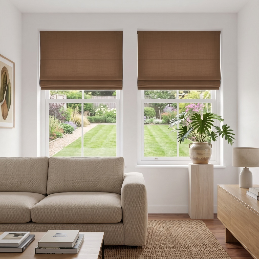 Tawny Brown Cordless Linen Roman Blinds in a Living Room with White Walls and a Beige Sofa