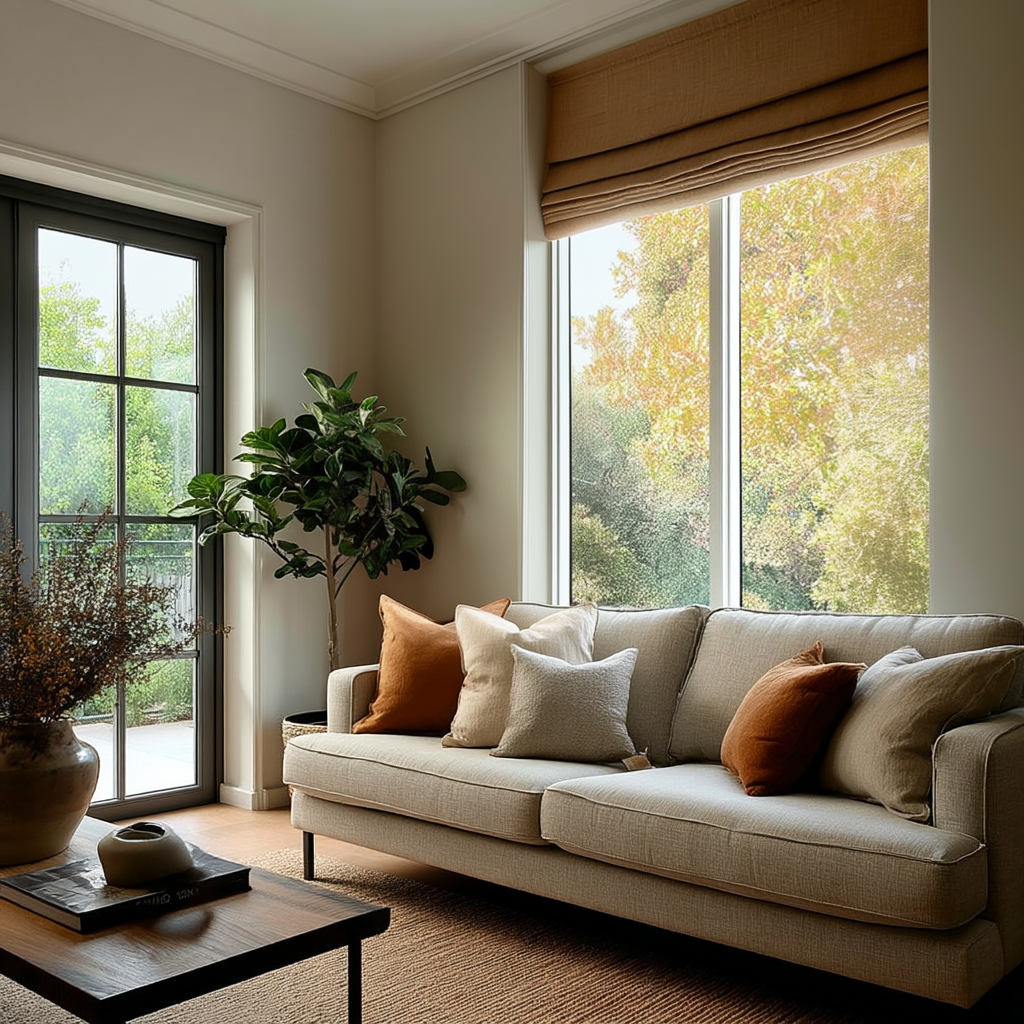 Tawny Brown Linen Roman Blinds - Blackout Lining