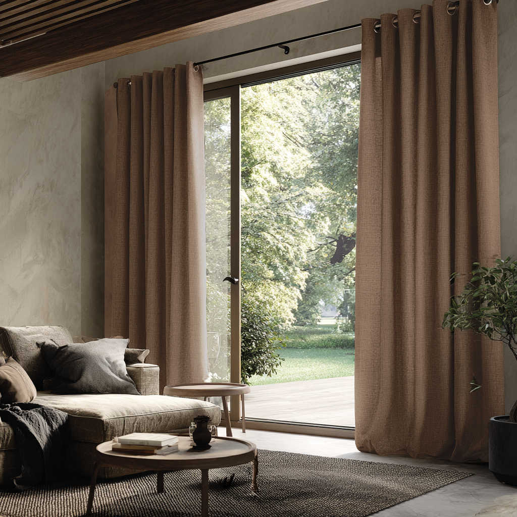 Tawny Brown Linen Eyelet Curtains for Sliding Doors in a Living Room with Light Grey Walls